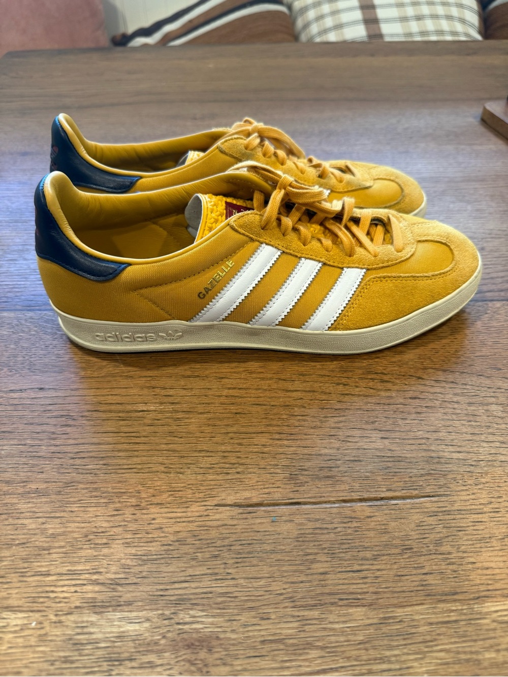 adidas Gazelle Men's Sneakers in Mustard Yellow with White Stripes and Navy Heel - Picture 7 of 12